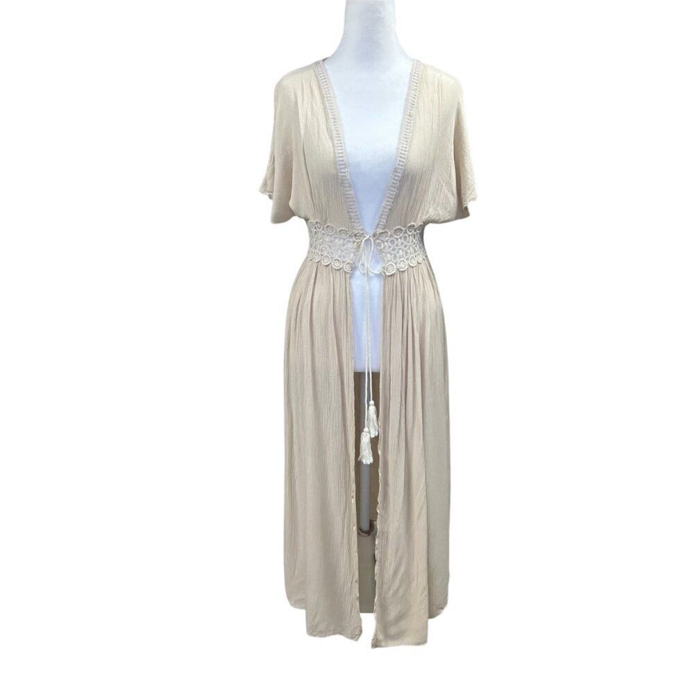 Lavender Field Boho Crochet Tie Front Cream Longline Cover Up Sz S